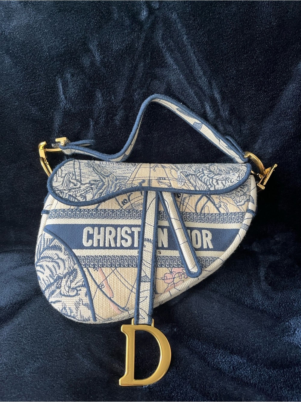 Dior Blue and Cream Saddle Bag with Gold 'D' Charm